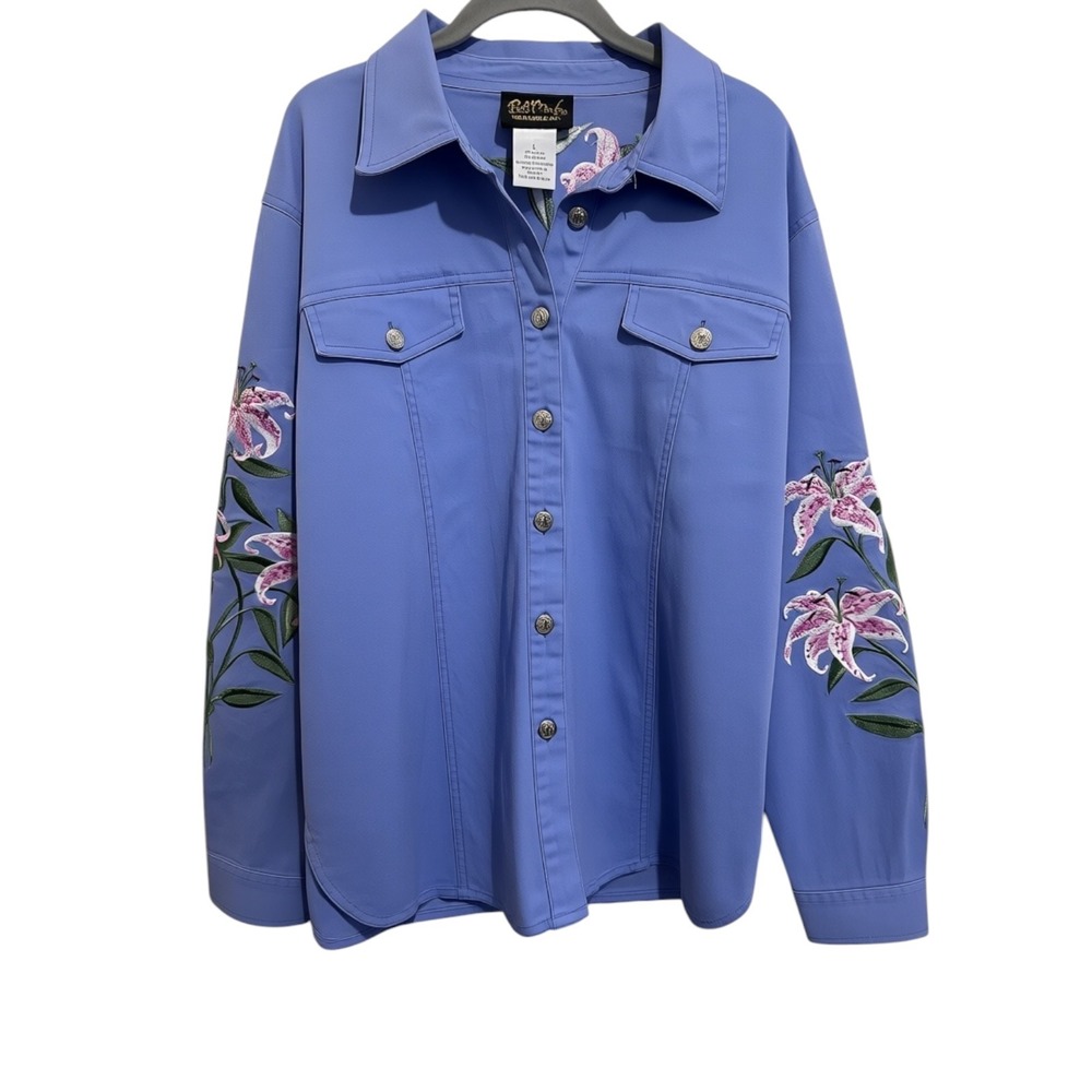 Bob Mackie Wearable Art Shirt Jacket Women's L Floral Embroidered Artsy Layering